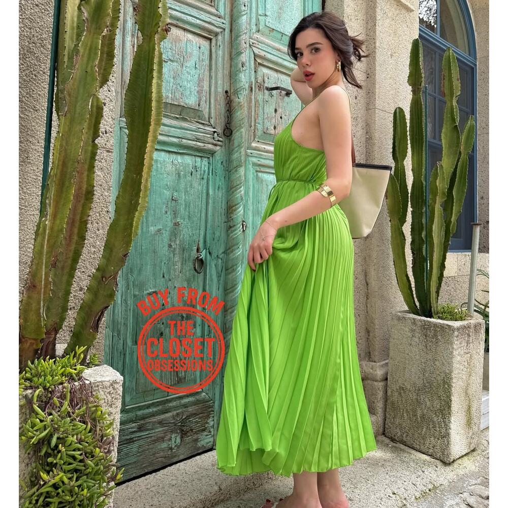 Mango NWT Lime Green Pleated Midi Dress Bow Belt 6 8 - Picture 8 of 16